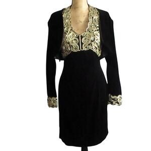 Jessica McClintock 80s Velvet Black Gold Dress Set Bolero Size Small Formal Prom